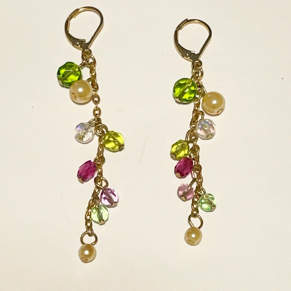 Vintage gold colorful beaded pearl drop earrings